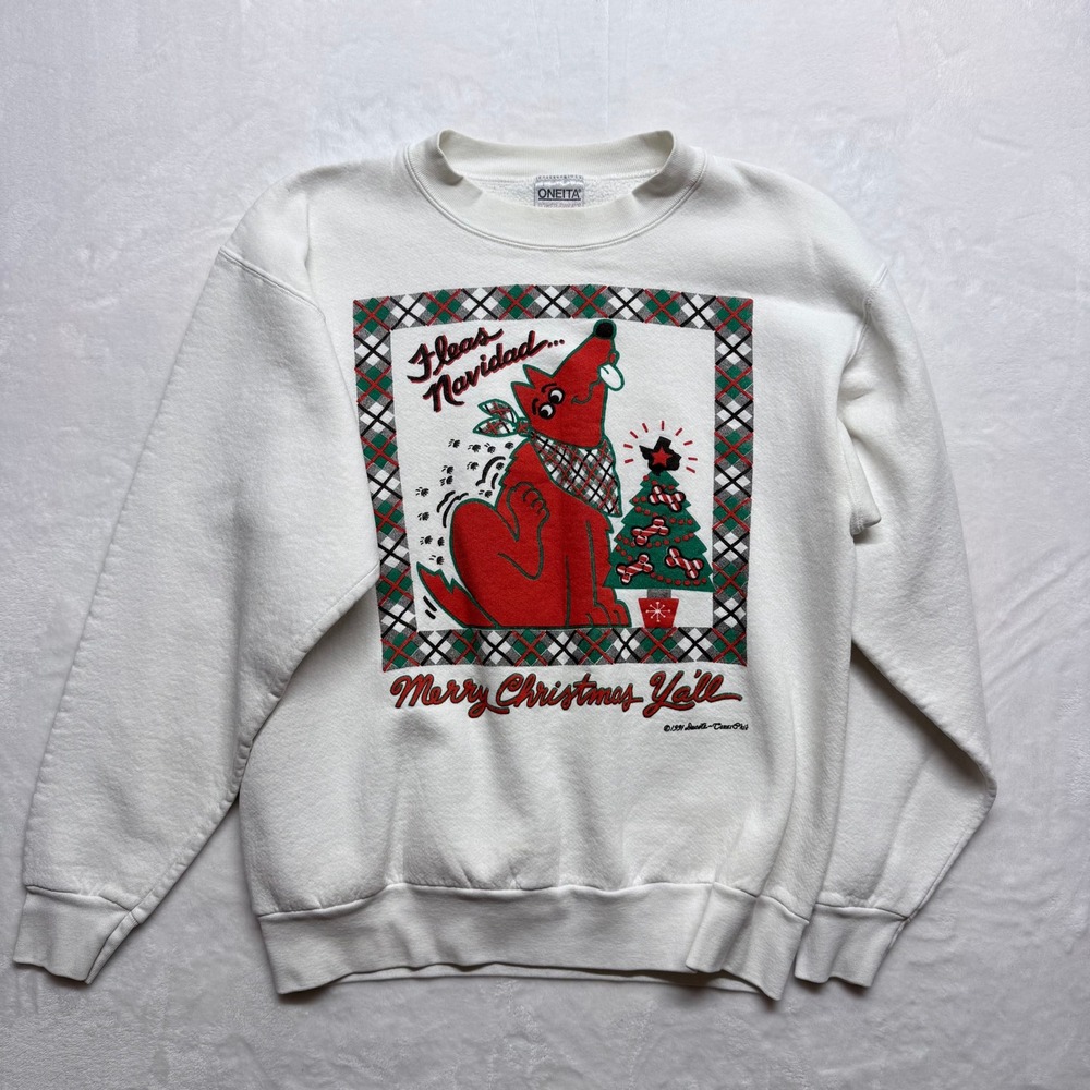 Vintage 1991 Oneita Christmas‎ Dog Navidad Merry Christmas Yall Sweatshirt XL